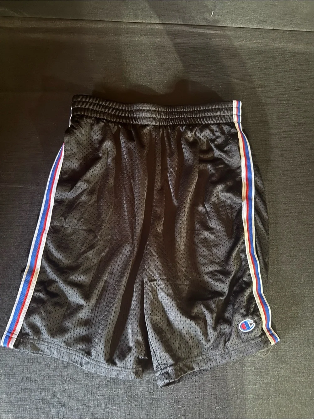 Champion Black Mesh Shorts with Red, Blue and White Side Stripes